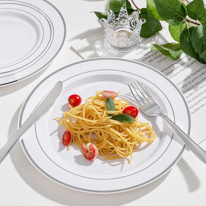 350 Pcs Silver Plastic Plates - Silver Dinnerware Set of 50 Dinner Plates 50 Dessert Plates 50 Silverware 50 Napkins 50 Cups for Party&Wedding