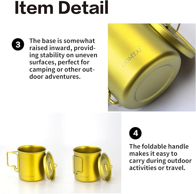 Titanium Camping Pot Mug 15oz (420ml) with Lid and Foldable Handle – Ultralight Camping Cup for Hiking, Backpacking, Outdoor Cooking, Yellow