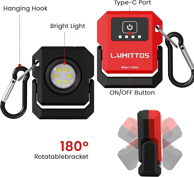 2 Pcs Mini Rechargeable LED Work Light, 550 Lumens Magnetic Flashlight Keychain Lights with Rotatable & Magnet Base Portable Mechanic Light for Car Repairing Outdoors Camping, Black & Red
