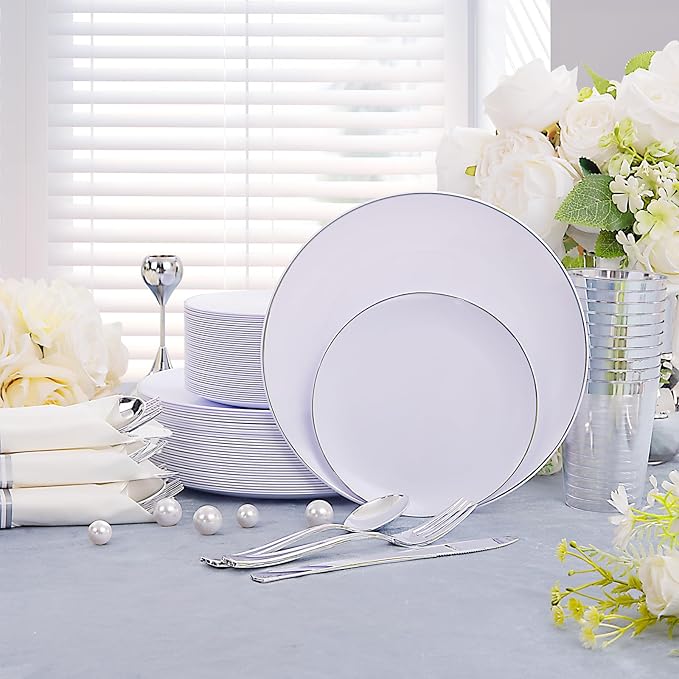 KIRE 350 PCS Plastic Dinnerware Set for 50 Guests, Silver Plastic Plates Include 50 Dinner, 50 Dessert Plates, 50 Pre Rolled Napkins with Silverware, 50 Cups for Wedding, Party, Banqet, Gathering