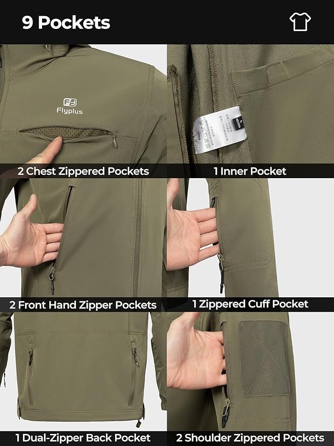 Men’s Tactical Jacket Lightweight Hooded Windbreaker Water Resistant Stretch Breathable 9 Pockets Outdoor Work Coat