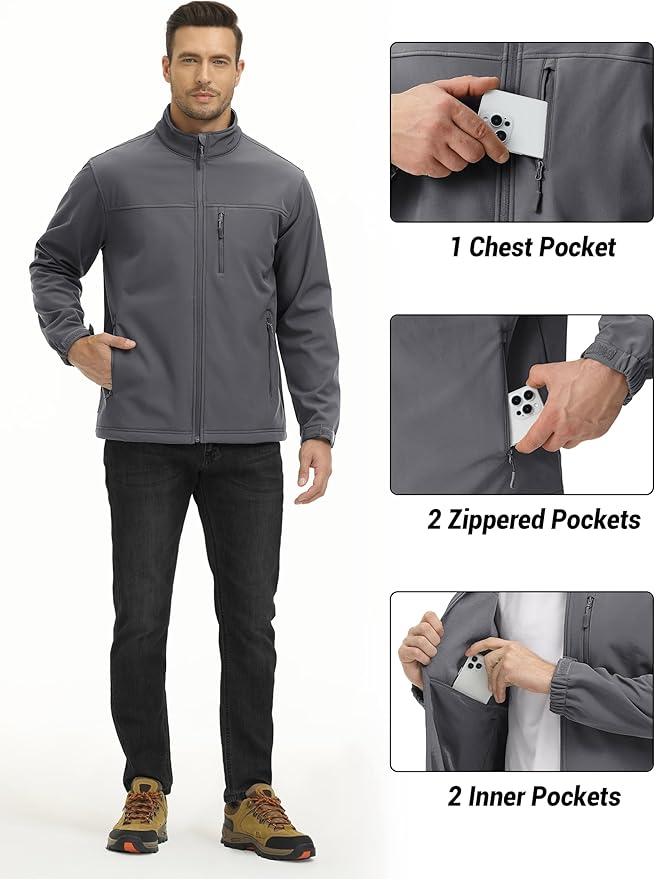 TACVASEN Men's Lightweight Softshell Jacket Fleece Lined Waterproof Tactical Rain Zip Up Winter Coat Windbreaker Casual