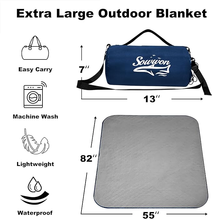 Waterproof Outdoor Blanket 82”X 55” Packable, Stadium Blankets for Camping with Quilted Fleece Lining, Large Windproof Emergency Throw Mat for Garss Picnic Hiking Road Trip, Machine Washable, Navy