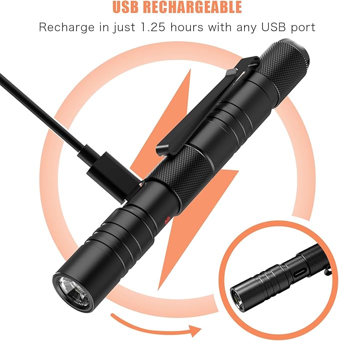Rechargeable Zoomable LED Penlight, 3 Modes, 350 Lumens Pocket Size Clip Flashlight for Nurse, Inspection, Repair, Emergency