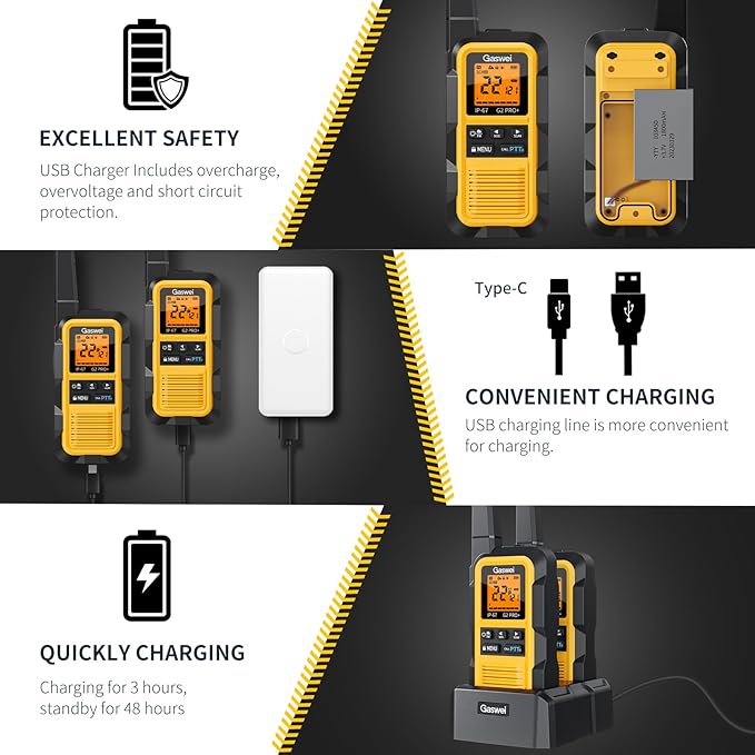 G2pro+ IP67 Waterproof Floating Walkie Talkies Long Range for Adults, Heavy Duty Walkie Talkie with Double PTT,FM Radio,SOS,NOAA Weather,VOX, Two Way Radio Rechargeable Battery(Yellow 6Pack)