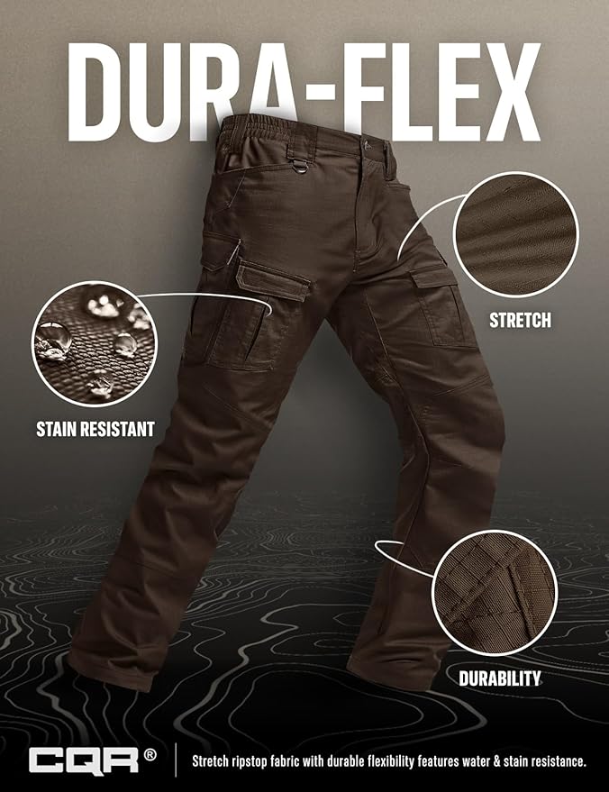 CQR Men's Flex Ripstop Tactical Pants, Water Resistant Stretch Cargo Pants, Lightweight EDC Hiking Work Pants