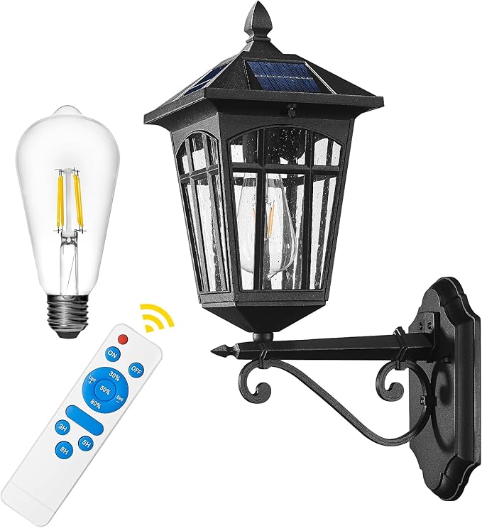 zeyu Outdoor Solar Wall Lantern, 20 Inch Exterior Solar Porch Light with Remote, Die-Cast Aluminum with Seeded Glass Shade, Black Finish, ZYX113B SL BK