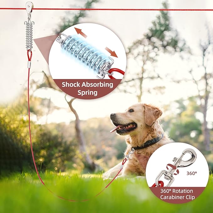120FT Dog Runner for Yard with 15FT Tie Out Cable - Heavy Duty Trolley System for Large Dogs Up to 250LBS, Backyard/Park/Camping Use (Red, 120FT+15FT)