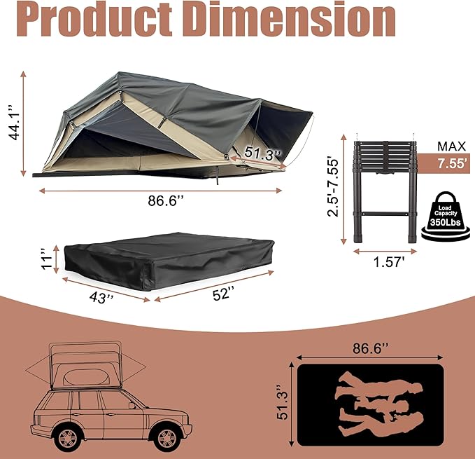 Rooftop Tent, Roof Top Tent for 2-3, Blackout-Coated Oxford & Polycotton for UV Protection and Waterproof, with Aluminum Ladder, Skyview Window, Mattress, for Car/Truck/Jeep/SUV/Van