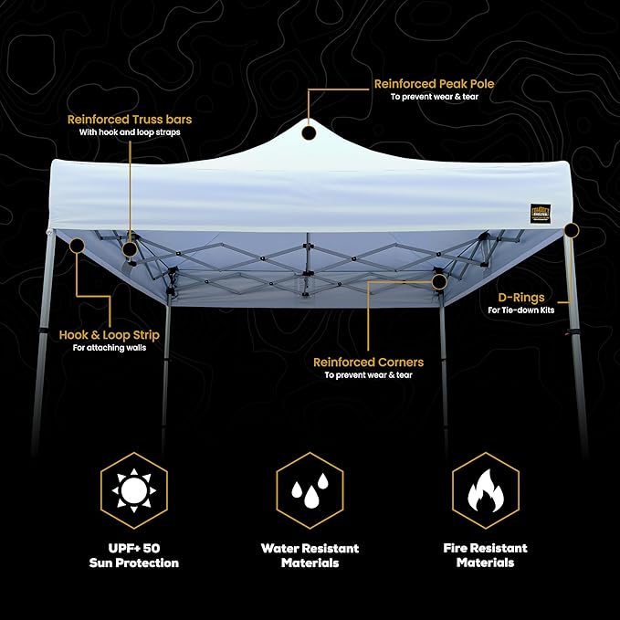 8x8 Heavy Duty Pop Up Canopy by Compact Shelter - EZ Setup, Commercial Grade Aluminum Frame, 42โ Folded Frame Height, UPF 50+, Adjustable Portable Tent for Beach, Events, Camping, Roller Bag (White)