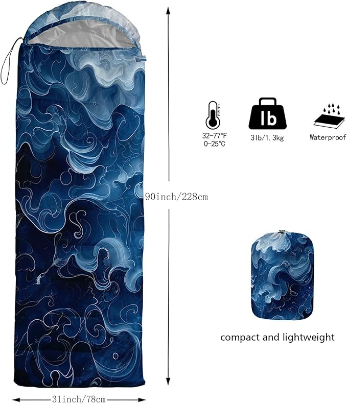Kids Sleeping Bag for Boys Girls,Blue Ripples Print-Lightweight Warm Portable Outdoor Indoor-Waterproof Cold Weather Resistant Sleeping Bag for Camping Hiking