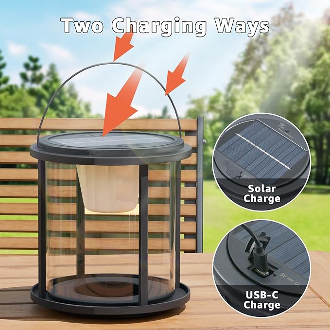 Solar Outdoor Table Lamp, Portable Metal Lantern with Multicolor, Water-Resistant Table Lamp Rechargeable with USB and Solar Charging, for Patio, Garden, Camping, Yard, Porch
