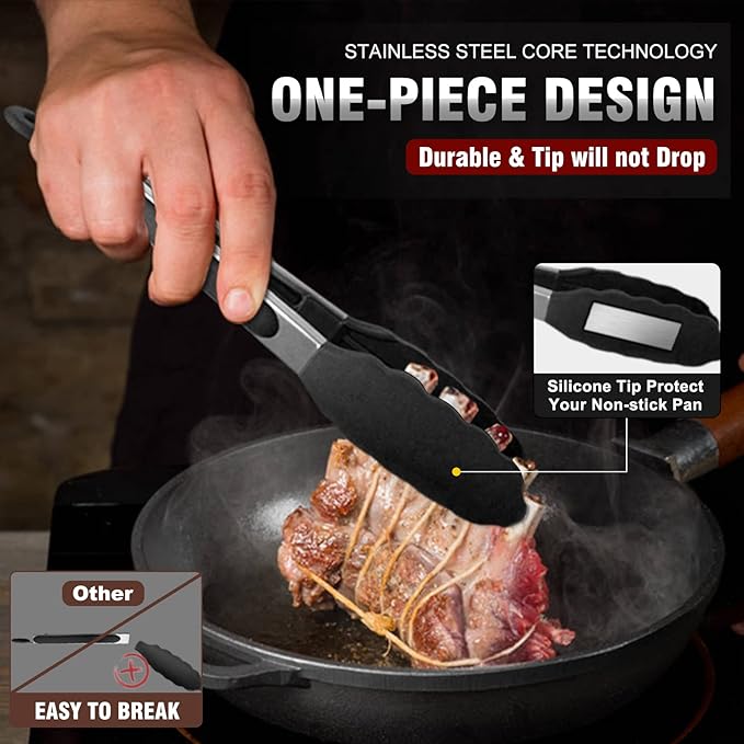 Walfos Kitchen Tongs - Heat Resistant Cooking Tongs Set of 3, Stainless Steel and BPA Free Silicone Tips, Great for Cooking, Grilling, Turning, 7" 9" and 12" (3 black silicone tongs)