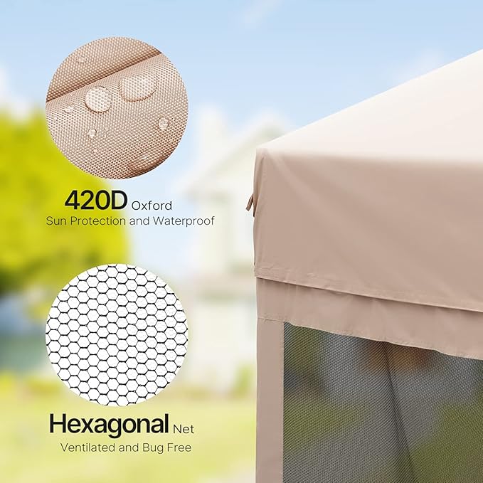 Pop up Screened Canopy Tent with Mosquito Netting, Portable Easy up Outdoor Screen House Shelter Fully Sealed for Patio, Camping and Picnic, Includes Wheeled Carry Bag (Tan, 13'x13')