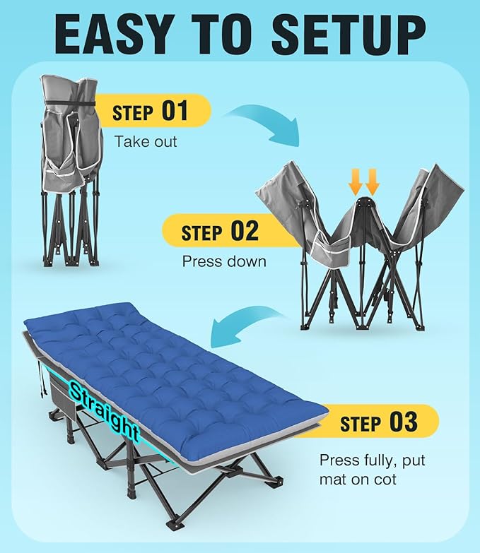 Slendor Oversized Camping Cot XXL, 79" L x 32" W x 19" H Folding Cots for Adults with Mattress, Carry Bag, Cots Bed for Tent, Office, Support 900lbs