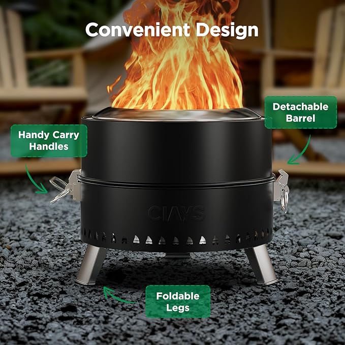 Ciays Smokeless Firepit, 19 Inch Fire Pit for Camping with Patented Technology, Portable Fire Pit for Outside with Steel Grill Rack, Fire Poker, and Bag, Easy Setup and Storage, Wood Burning (Black)