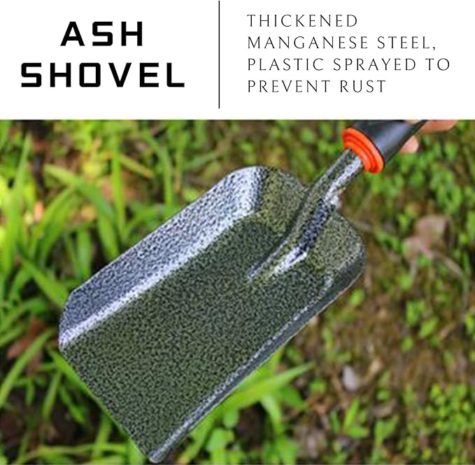 SoloWilder 12.6" Ash Shovel for Fire Pit & Fireplace - Manganese Steel Gardening Tool - Black
