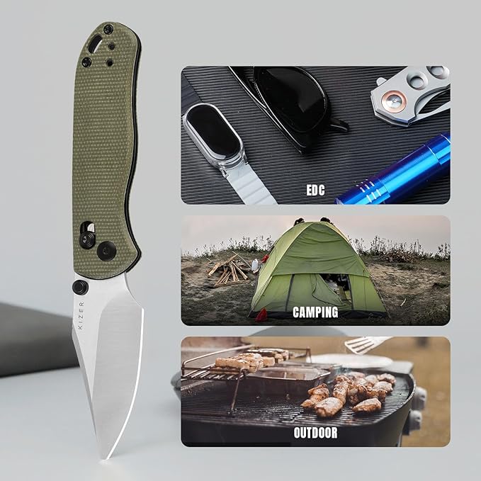 Kizer Drop Bear 2 Pocket Knife, 2.85" Nitro-V Clip Point Blade Folding Knife with Green Micarta Handle, Clutch Lock EDC Knives with Jimping on Spine for Men Women V3619.2KC1