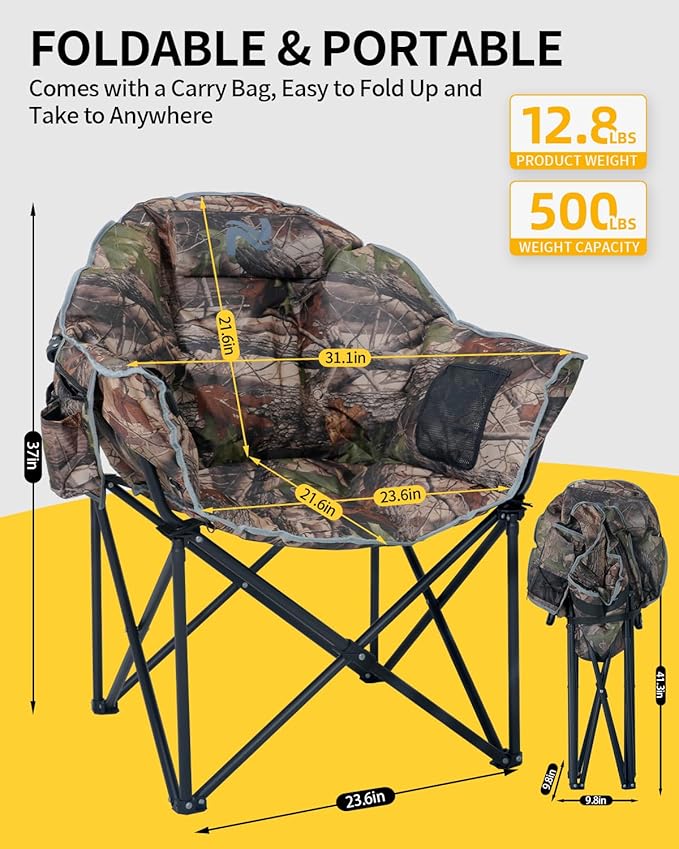 NAIZEA Heated Camping Chair, Oversized Heated Folding Outdoor Chair for Adults with 3 Heat Levels, Portable Foldable Patio Lounge Chair for Sports Outdoors Camp, Battery NOT Included