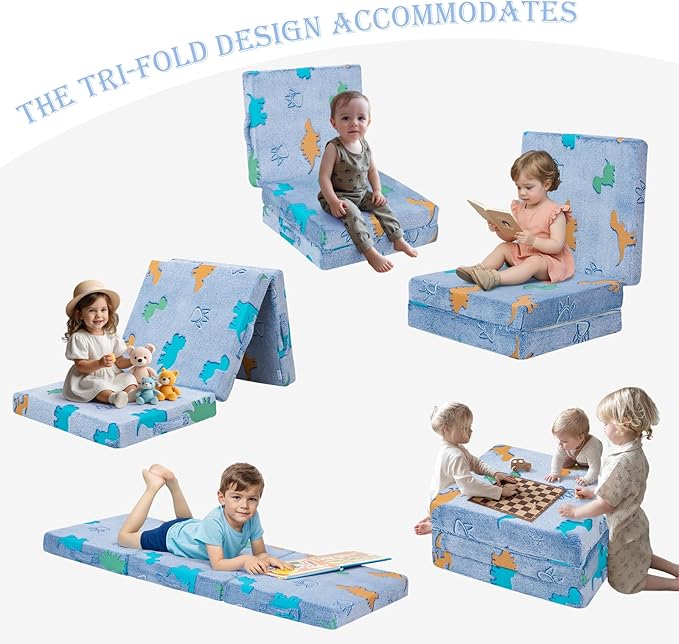 MeMoreCool Foldable Floor Mattress for Kids, Glow Dinosaur Toddlers Trifold Nap Mat, Kids Folding Mattress Portable Sleeping Futon for Daycare or Floor Bed, 57x22 Inch Blue