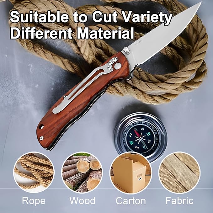 Vickay Pocket Knife for Men, Folding Knife with Clip, 3.74" 8Cr13MoV Steel Blade, Wood Handle EDC Knife for Outdoor Capmping, Tactical, Hunting and Fishing Gift