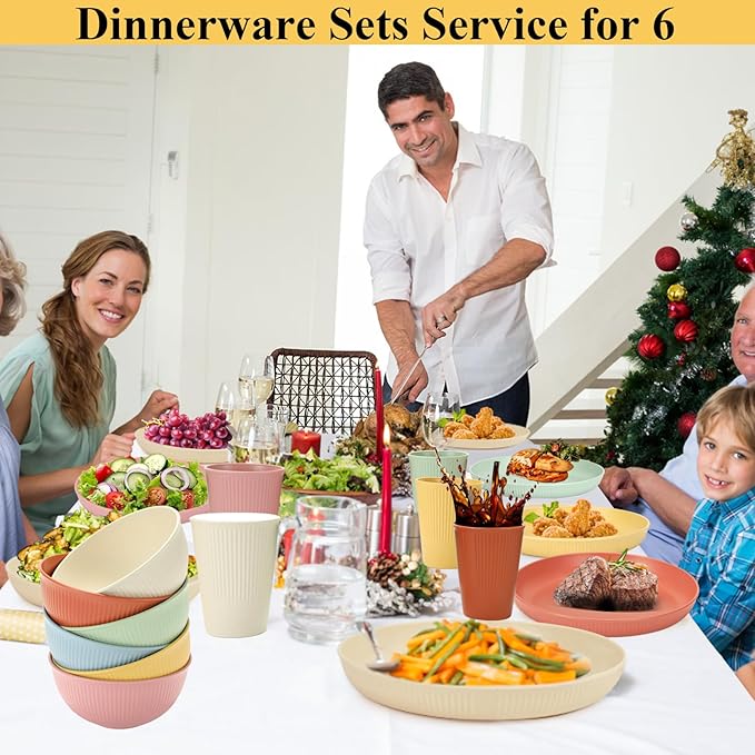 18PCS Wheat Straw Dinnerware Sets Unbreakable Dinnerware Sets Reusable Cups Plates and Bowls Sets Microwave for Kitchen Travel Camping