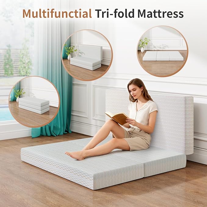 Vipbear Folding Mattress, 6 Inch Tri-fold Mattress King Size, Foldable Memory Foam Mattresses Topper with Washable Cover, Floor Bed with Storage Bag for RV& Camping& Home Use