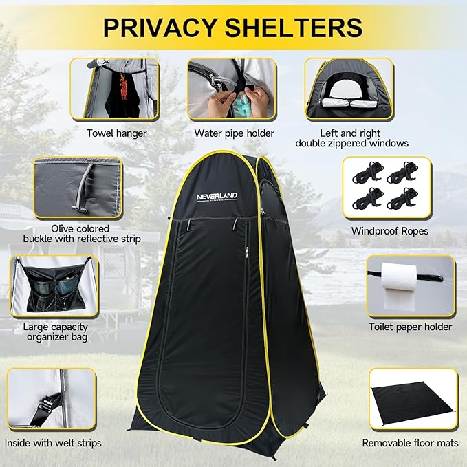 NEVERLAND Pop Up Privacy Shower Tent - Portable Changing Shower Tent, Dressing Room, Bathroom, Outdoor Rain Shelter for Camping, Hiking, Beach (Black)