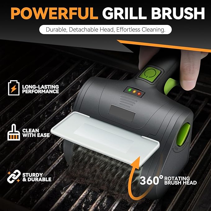 Auto Dynasty Cordless Electric Grill Brush, Rechargeable Grill Cleaning Scrub Brush with Rotating Cleaner Brush Head and Type-C Charging Cable for Outdoor Grill, Green/Black