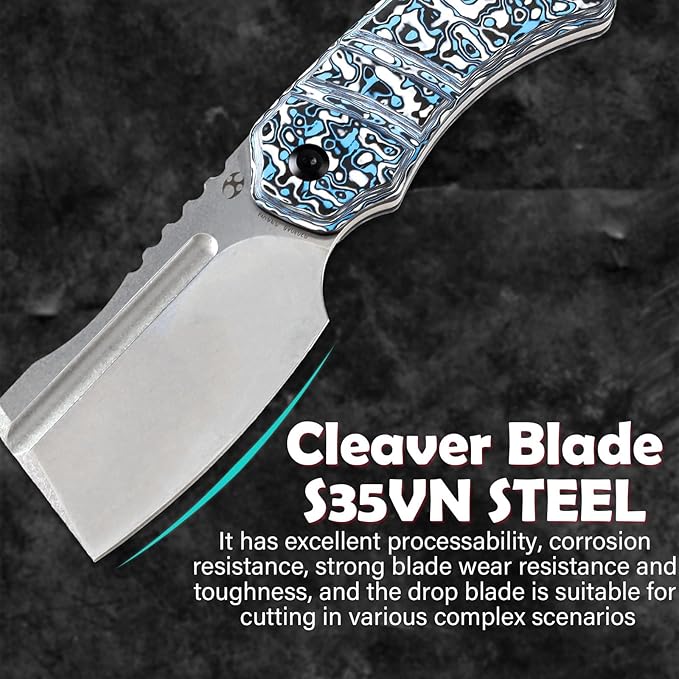 KANSEPT Knives Korvid S Fixed blade Hunting Camping Hiking Knife with 2.9''CPM S35VN Cleaver Blade Blue & White Carbon Fiber Handle, Kydex Sheath for Men WomenEveryday Carry G2030A6