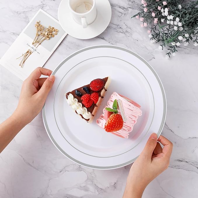 200PCS Silver Plastic Plate, Disposable Party Plates with 100 Dinner Plates and 100 Dessert Plates, Plastic Plates for Party, Wedding and Birthday