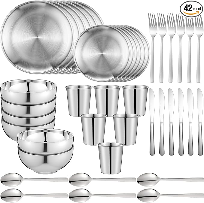 Jinei 304 Stainless Steel Dinnerware Set 10 Inch 7 Inch Stainless Steel Plates Bowls Cups Forks Spoons and Knives Sets Reusable Metal Camping Dinnerware for Home Outdoor Picnic Kitchen
