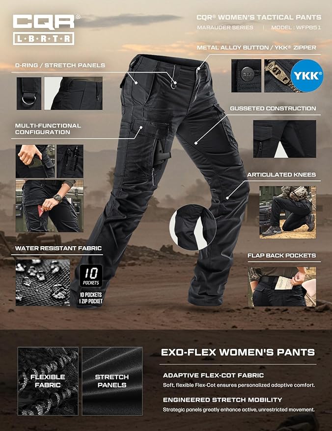 CQR Women's Flex Stretch Tactical Pants, Water Resistant Ripstop Cargo Work Pants with Pockets for Outdoor & Hiking