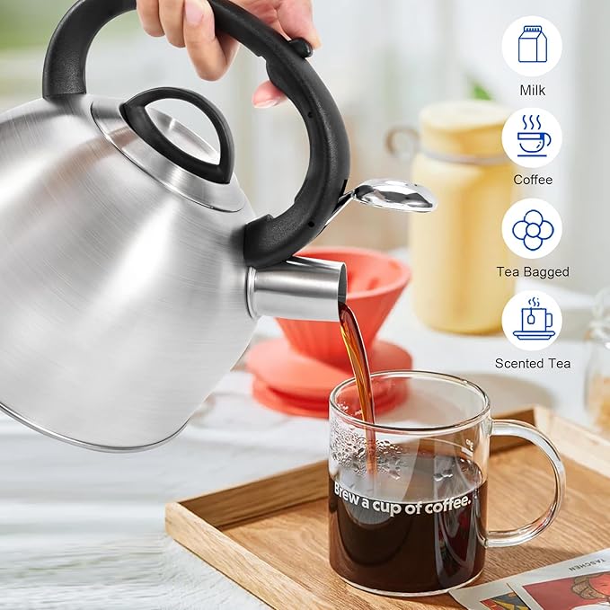 Tea Kettle Stovetop - Food Grade Stainless Steel Whistling Tea Pot with Ergonomic Handle, Unique Button Control Kettle Outlet, Can Be Used in the Kitchen or Camping, 3.1 Q/3L