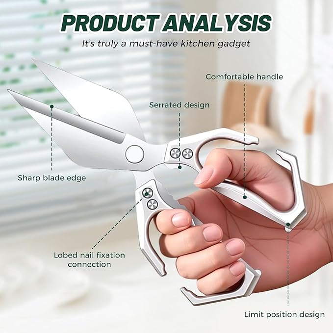 Multifunctional Heavy-Duty Kitchen Shears, Heavy Duty Kitchen Scissors for Food with Ergonomic Handle, High-Carbon Steel Culinary Shears for Chicken, Meat, Seafood, Bone Cutting (Silver)