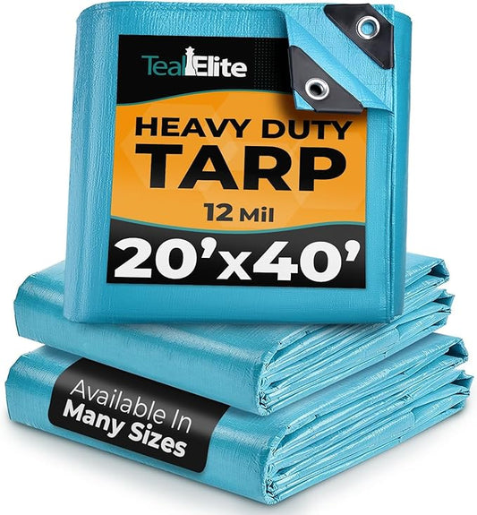 Tarps Heavy Duty Waterproof 20x40-12 mil Thick Camping Tent - Blue Tarp 20x40 UV Resistant, Rip & Tear Proof with Metal Grommets – Multipurpose Use for Camping, Tent, Boat, RV, Car, & Pool Cover