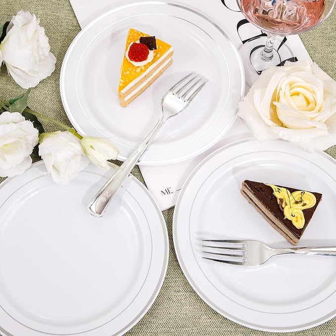 Nervure 204PCS Silver Plastic Plastes - 102PCS Disposable Silver Dessert Plates with 102PCS Plastic Forks Perfect for Salads, Desserts, Catering, Wedding & Parties