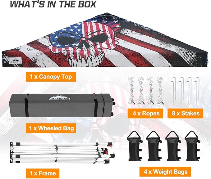 EAGLE PEAK Pop Up Canopy Tent with Wheeled Carry Bag, 8 Stakes, 4 Ropes, 4 Weight Bags, Easy Set Up Tent Canopy, 10x10 ft, 100sqft of Shade, Americana Skull