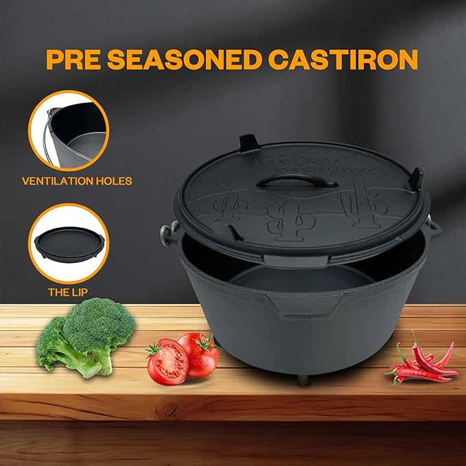 Cast Iron Dutch Oven Pot with Lid,2-in-1, 8 Quart and Lid Lifter Tool for Outdoors and Indoor Use Pre-Seasoned Camping Cookware Pot for Frying Griddling Stewing