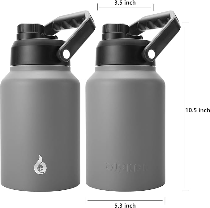 BJPKPK 64 oz Insulated Water Bottle, Dishwasher Safe Half Gallon Water Bottle with Ergonomic Handle, BPA Free Leak Proof Water Jug for Sports, Metal Thermo with Anti-slip Bottom, Grey