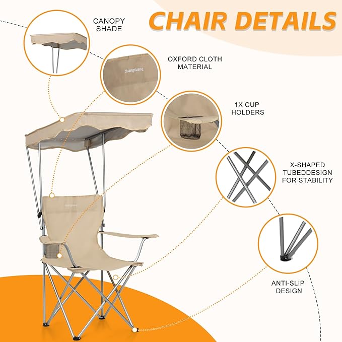 Camping Chair 2 Pack Portable Camping Chair with Canopy,Folding Chair with Canopy, Durable 600D Oxford Canopy Chair for Camping, Beach, Picnics, Fishing & Sports.Beige