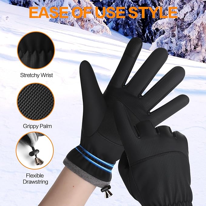 Winter Waterproof Gloves for Women: Water Proof Touch Screen Gloves for Men Running Hiking, Cold Weather Touchscreen Gloves for Phone Texting, Warm Snow Water Resistant Thermal Gloves Black