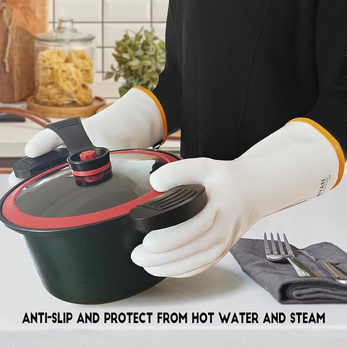 DEYAN Silicone BBQ & Oven Gloves - Food Grade, Heat Resistant Waterproof & Oil Proof Gloves for Grilling, Baking, Frying, Cooking - Long Sleeve & Non-Slip Grip, 1 Pair (White, 7/S)