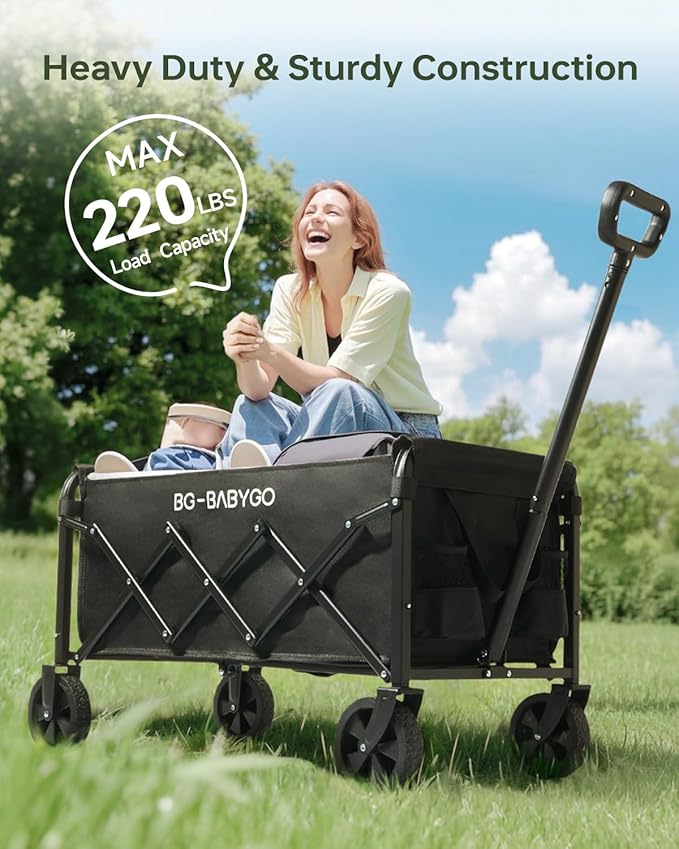 Collapsible Wagon Carts, Large Capacity Foldable Heavy Duty Garden Carts with Adjustable Handle, Utility Grocery Beach Wagon for Outdoor Camping, Shopping, Fishing and Sports - Black