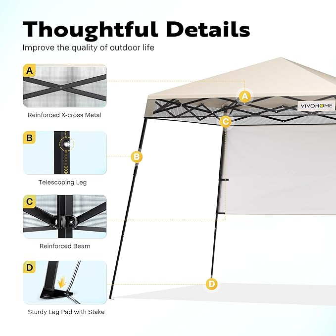 VIVOHOME 8x8ft Pop-Up Canopy Tent with Central Lock Design, Slant Legs, Backpack, and Side Wall, Portable Shelter for Camping, Party, Yard, and Beach Events, Beige