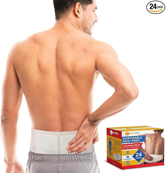 SunnyBay 24-Pack Air-Activated Wearable Heat Patches for Back Pain – Self-Supporting with 4 Belts (No Sticky Back) – Heating Pads for Cramps, Neck, Shoulder – Up to 113°F Warmth