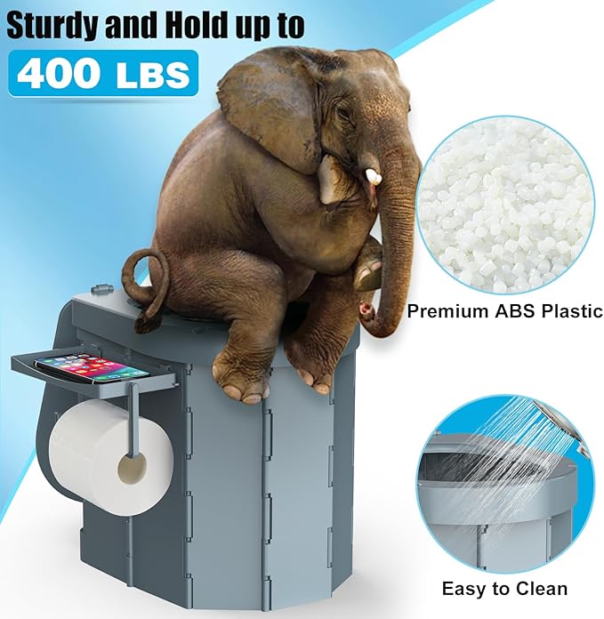 Portable Camping Toilet, Foldable Toilet for Adults with Detachable Phone Shelf and Toilet Paper Holder, Waterproof Porta Potty with Lid for Camping, Hiking, RV Travel, Road Trips