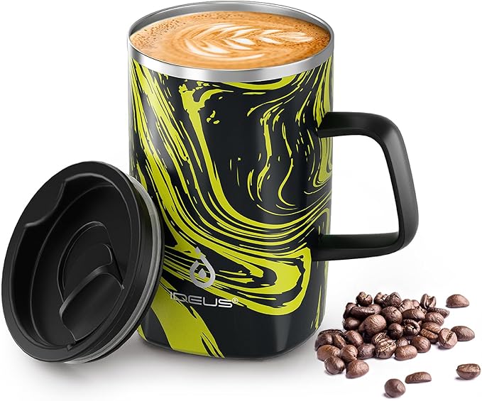 Ideus Vacuum Insulated Coffee Mug, 16oz Reusable Stainless Steel Thermal Double Walled cup with Handle and Slider Lid for Hot & Cold Beverages, BPA Free (Yellow Zebra)