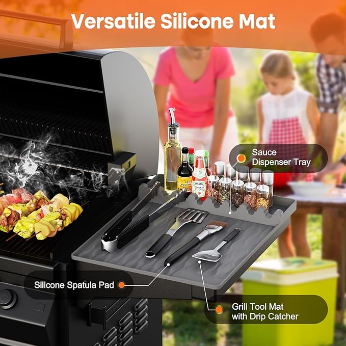 Silicone Griddle Tools Mat with Drip Pad for Blackstone – Non-Slip Spatula Rest & Side-Shelf Mat for Outdoor Grill Kitchen Counter, Heat-Resistant Grill Pad, Blackstone Griddle Accessories(Gray)