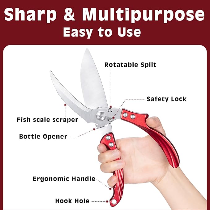 Kitchen Shears Kitchen Scissors for Food - Heavy Duty Stainless Steel Poultry Shears for Chicken, Bone, Meat, Turkey, Fish,Multi Purpose Scissor for Cutting Cooking, Dishwasher Safe (Red)